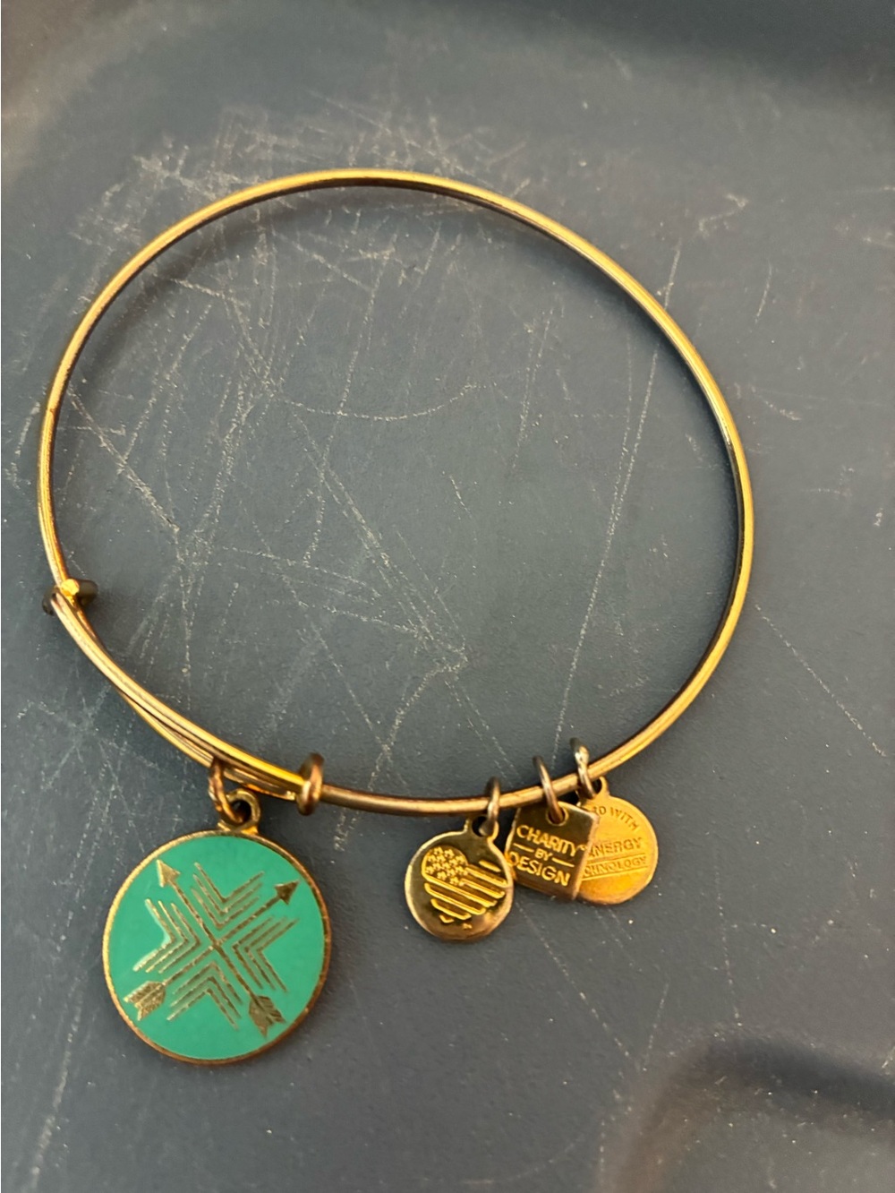 Alex and Ani Gold Tone Charm Bangle Bracelet with Teal Starburst Charm